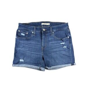 Levi’s Mid Rise Mid Length Denim Shorts Cuffed Distressed Blue Size 30